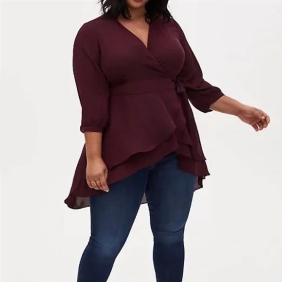 Torrid Georgette Red Burgundy Wrap High Low Tunic Blouse Size 0 (US 12) NEW - Picture 1 of 7